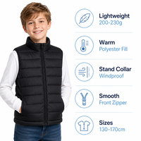 Chaleco Acolchado para Niños, Ligero, 100% Poliéster, Cuello Alto, Cierre Completo, Resistente al Viento, Sin Mangas, 5 Colores, 130-170, Personalizado OEM