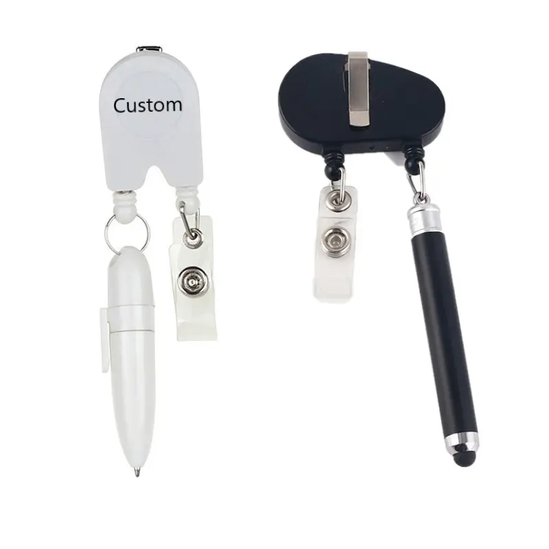 Custom Plastic Double Side Badge Holder Retractable 2 in 1 Two wire Badge Reel With Ball Pen For Nurses Week Gifts