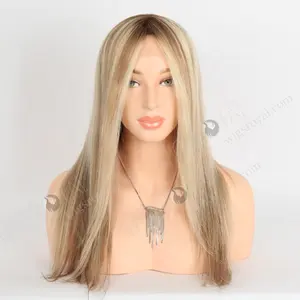 Prachtig Zacht 100% Menselijk Haar 18 Inch Blond Met Bruine Kleur Beste Medische Kwaliteit Siliconen Grijper Pruiken Voor Vrouwen Met Alopecia