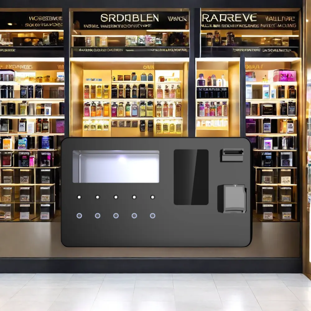 Feishi 2024 Máquina de venda automática de perfume inteligente para parede, com cartão e moeda, novo design personalizado