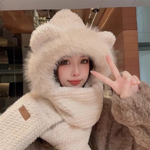 ชุดหมวกผ้าพันคอฤดูหนาวสำหรับผู้หญิง 3 ชิ้นหนาขึ้นให้อบอุ่นพร้อมที่ปิดหูสไตล์ตุ๊กตาหมีน้อยขนาดผู้ใหญ่ 54-56 ซม. - Product Image 1