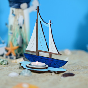Décoration d'intérieur transfrontalière d'été, style océanique méditerranéen, thème nautique créatif, bougeoir en buis avec motif de voile et effet de brume - Product Image 4
