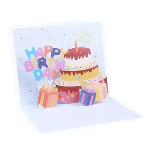 Tarjeta de cumpleaños 3D de pastel Rosa creativo, tallado de papel Pop-Up, tarjetas de feliz cumpleaños, venta al por mayor