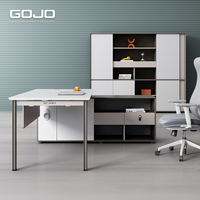 Bureau de direction moderne de luxe en forme de L, table de bureau en bois foncé pour directeur, ensemble de bureau de PDG avec armoire latérale