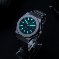 Montre automatique pour hommes, boîtier octogonal en acier inoxydable, cadran bleu, bracelet en acier intégré, montre-bracelet mécanique d'affaires, vente en gros
