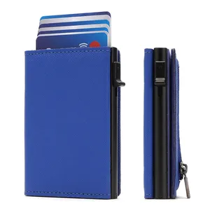 RFID Pop Up Aluminum Metal Cards Holder Wallet PU Leather Credit Card Holder Men's Leather Wallet With Closure