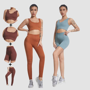 Fil sans couture Yoga costume femmes rayure sport soutien-gorge débardeur taille haute Leggings Biker Shorts Fitness <span class=keywords><strong>ensemble</strong></span> - Product Image 1