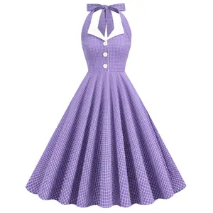 2023 Summer Dress For Women Purple Red Plaid Vintage Dress Bow Halter Button Elegant Sexy Backless A-Line Swing Dress VD3782