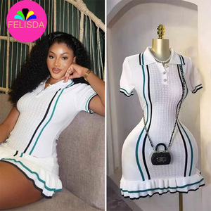 Chic moda Sexy paquete caderas de punto Mini <span class=keywords><strong>vestido</strong></span> a rayas verano Vintage Turn-Down Collar con volantes Streetrwear fiesta <span class=keywords><strong>vestido</strong></span> Casual - Product Image 1