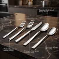 Ensemble de couverts modernes en acier inoxydable 304 poli miroir, poignée carrée de luxe, directement de l'usine, pour hôtel et restaurant