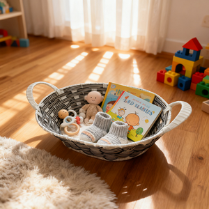 PP Rattan Aufbewahrung skorb für Früchte Snacks Spielzeug Bücher Handtuch behandelt Ovaler Eisen rahmen Hand gefertigter Kunststoff Weidenkorb Grau Weiß - Product Image 4