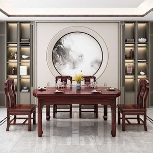 Chinese Style Ebony Solid Wood <b>Dining</b> <b>Table</b> And <b>Chair</b> Set 6 Piece Foldable Antique Mahogany <b>Dining</b> Room Set - Product Image 2