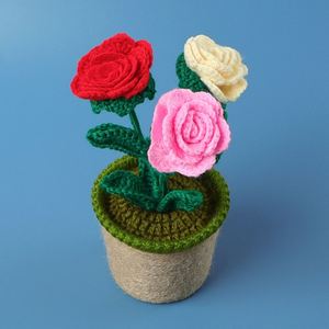 Nouvelles plantes en pot en tricot de laine au crochet, roses chinoises, pour décoration maison et voiture, cadeaux de Noël festifs, fleurs en pot - Product Image 2