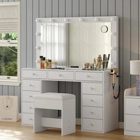 Table de toilette vintage avec miroir en verre LED, coiffeuse de chambre à coucher en bois blanc moderne, coiffeuses à miroir pour filles avec éclairage