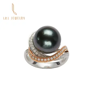 מכירה לוהטת יוקרה עיצוב 18k זהב טבע מי ים טהיטי פנינה שחורה טבעת עם יהלום אמיתי אישה מתנת תכשיטי מסיבת חתונה