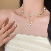 Élégant Double Couche Perle Amour Colliers Ras Du Cou pour Femmes Bijoux De Noce Cadeau Coeur Pendentif Collier