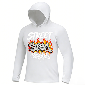 Multi Color <b>Flame</b> Print Hooded Sun <b>Shirt</b> Quick Dry UV Block Outdoor Sports Fishing Cycling Rash Guard For Unisex - Product Image 1