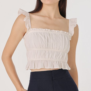 Women Summer Ruffled Camisole Vest Solid Color Ruffled Cropped Top Casual Stylish Slim Fit