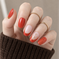 H004-3 Kaixin Faux Ongles Courts Carrés à Coller Rouge Corail avec Motif Spirale Doré et Pointe Française Brillante en Feuille d'Or – Vente en Gros