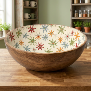 Bol en bois fait main avec motif floral coloré pour servir la nourriture à la maison, écologique, pour le camping, personnalisable, réutilisable, ustensiles de cuisine - Product Image 1