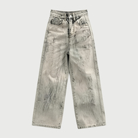 Jean Streetwear Marbré Délavé à l'Acide avec Motif Nuage et Rayures d'Encre Fumée, Coupe Décontractée, Taille Haute, Coupe Droite Oversize, Personnalisé