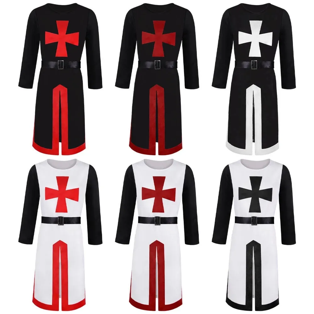 Plus Size Men Medieval Cosplay Robes Templar Knight Crusader Surcoat Long Sleeve Reenactment Costume