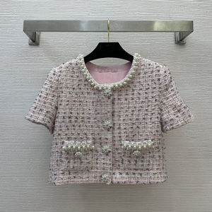 AELESEEN مصمم أزياء الصيف طقم توييد المرأة مزاجية التخسيس بالخرز معطف اللؤلؤ + تنورة ميدي طقم من قطعتين - Product Image 4