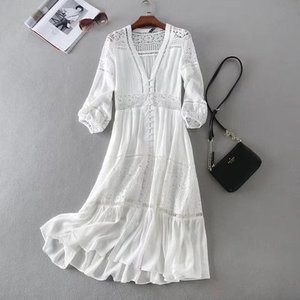 <span class=keywords><strong>Vestido</strong></span> playero <span class=keywords><strong>blanco</strong></span> con botones de empalme ahuecado de <span class=keywords><strong>encaje</strong></span> para vacaciones para mujer - Product Image 1