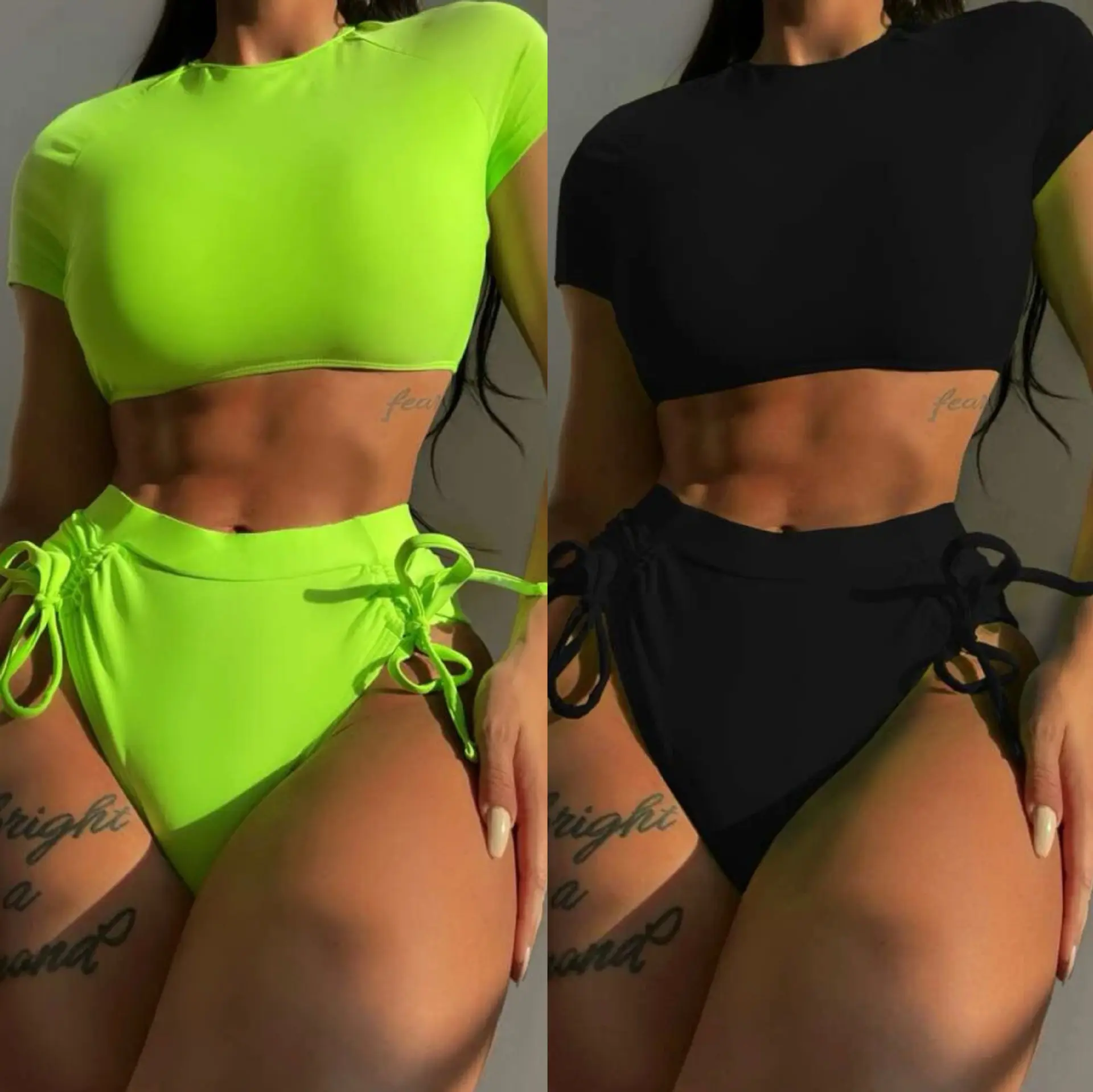 OLAF Neon Green Crop Top Swimwear Women Summer Sexy Beachwear Cover Ups Back Hollow Swimsuit Bikini Set