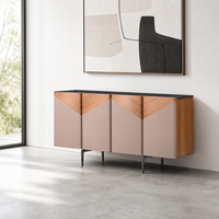 Buffet de luxe 1,6 m avec plateau en marbre Verde Alpi naturel et placage en noyer, meuble de salle à manger avec revêtement en cuir de selle