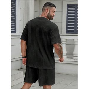 Conjunto de camiseta y pantalones cortos con hombros caídos y textura para hombre, atuendos casuales de verano, transpirables, para tallas grandes y altas. - Product Image 2