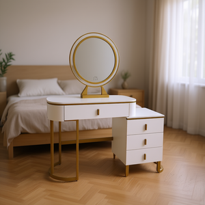 Toeletta moderna con specchio e cassetti portaoggetti per camera da letto, finitura bianca e oro - Product Image 2