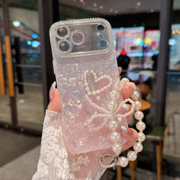 Coque de luxe 3D Cœur Strass Perles pour iPhone 18 17 Pro Max 16 15 13, coque arrière rigide avec dragonne et protection caméra scintillante