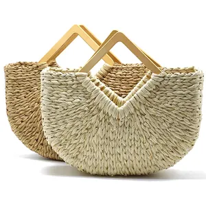 Eco-friendly Extra Large Handmade Women Summer Beach Paper Straw Tote Bag Handbag with Square Wooden Handle