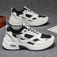 Baskets Chunky Homme Noires et Blanches en Maille et Cuir Patchwork Respirantes à Lacets Plateforme Épaisse Chaussures de Sport Décontractées