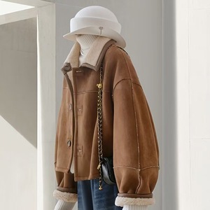 Brown Suede Coat Women Lamb Wool Filling Winter Warm Outerwear Solid Color Thick Fabric Woven Style - Product Image 2