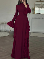Vestido Maxi Tejido de Otoño 2026 para Mujer, con Logotipo Personalizado, Formal, Elegante, Vintage, Casual, Cuello Redondo, Corte en A, Color Sólido en Contraste, para Club, Día, Ligero