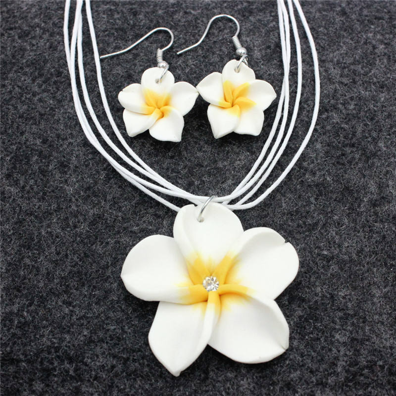 Jojofuny Hawaiian Polymer Clay Jewelry Set - 4 Necklaces & Earrings Plumeria Flowers