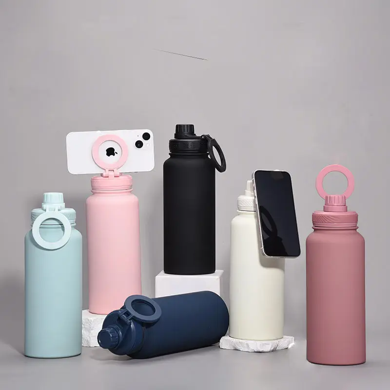Custom tumbler 32 oz 32oz rubber soft touch double wall Vacuum Insulated Stainless Steel magsafe water bottle with phone holder