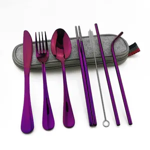 Argenterie réutilisable avec paille en métal cuillère fourchette baguettes et étui portable ensemble de couverts pour voyage camping