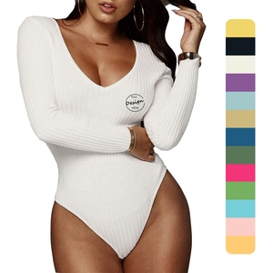 <strong>Long</strong> <strong>Sleeve</strong> <strong>Top</strong> Shirt Women Rib Bodycon Solid Color Sexy <strong>V</strong> <strong>Neck</strong> One Piece Girls Custom Embroidery Logo - Product Image 1