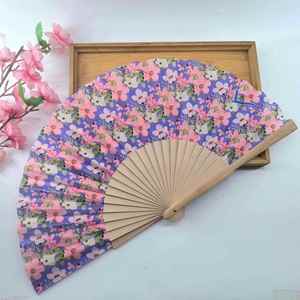 Custom Designed 23cm Ladies' Folding Fan Handmade Wooden Handle Polyester Fabric with Beautiful Flower Technique <b>Gift</b> for Women - Product Image 1