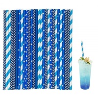 Pailles en papier biodégradables série bleue – Motif rayé imprimé pour anniversaire de garçon, thème océan, fête, café