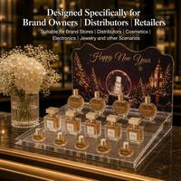 Présentoir pliable portable en acrylique transparent pour échantillons de parfum, avec panneau de fond personnalisé imprimé festonné et découpes en forme de bouteille variées
