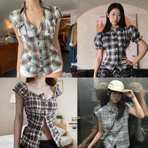 빈티지 한국 스타일 여성 블라우스 체크 버튼 다운 셔츠 반팔 슬림 핏 탑 여름 오피스 캐주얼 웨어 - Product Image 1