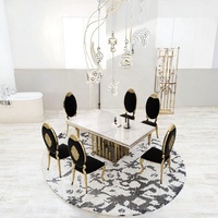 Table à manger rectangulaire moderne de luxe en marbre blanc avec base en acier inoxydable doré, meubles de salle à manger pour la maison, Minis MN-DT108