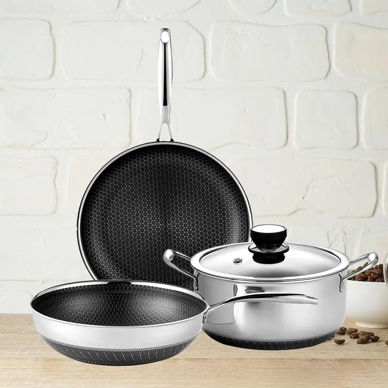 Premium Triply Stainless Steel Cookware Non-stick Pots And Pans Honeycomb Hybrid Cooking Pan Sets