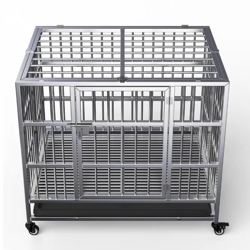 High quality stainless steel large dog crate foldable pet crate cat dog kennel with wheels modern metal dog metal crate