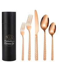 Ensemble de couverts en acier inoxydable 410, couleur or rose, avec poignée en corde, boîte en tube, luxe, pour mariage, restaurant, vente en gros