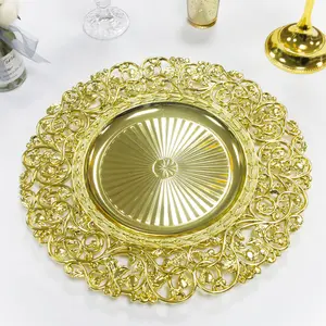 Wholesale 37cm Round Antique Dish Wedding Decoration Rose Gold Silver Gold Fancy Plastic Dinner Charger Plates